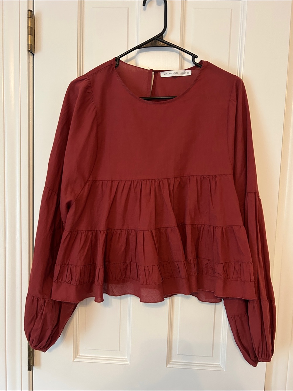 Altar'd State Wine Red Tiered Long-Sleeve Blouse